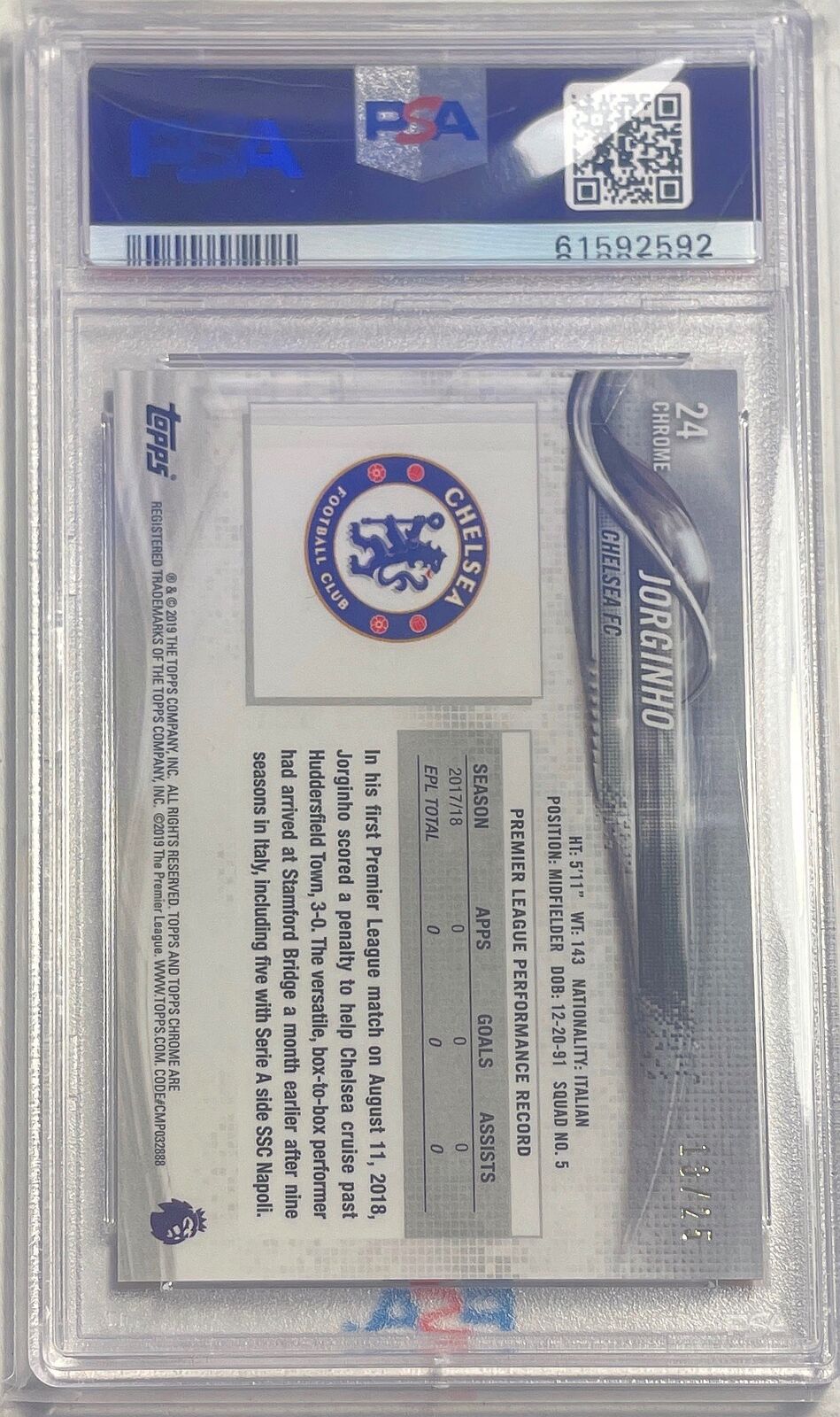 JORGINHO 2018-19 TOPPS CHROME EPL ORANGE REFRACTOR #D 13/25 PSA 10 GEM POP 1/1