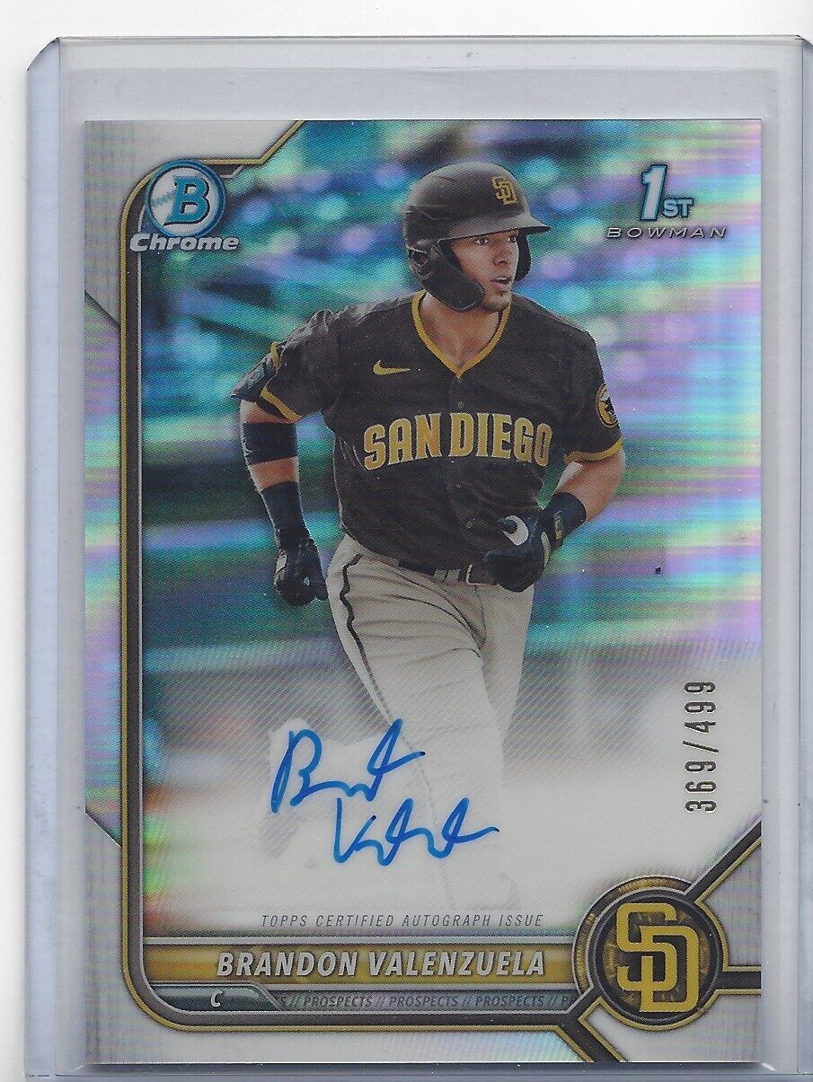 BRANDON VALENZUELA 2022 BOWMAN CHROME 1ST REFRACTOR PADRES PROSPECT AUTO #D /499