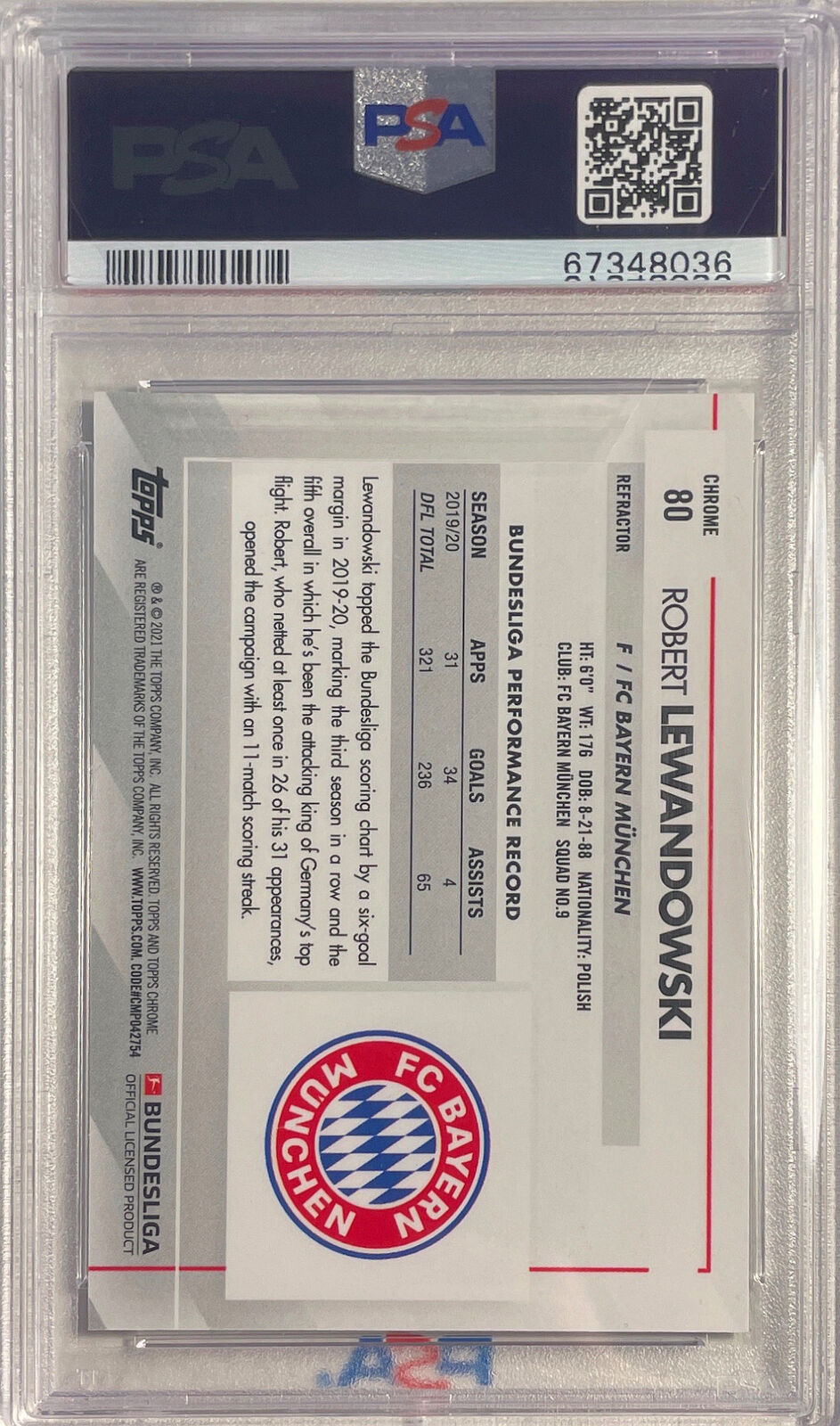 ROBERT LEWANDOWSKI 2020-21 TOPPS CHROME BUNDESLIGA REFRACTOR #80 PSA 10 POP 9