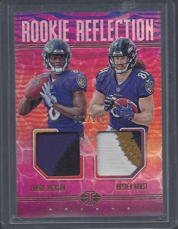 LAMAR JACKSON HURST 2018 ILLUSIONS ROOKIE REFLECTION DUAL PATCH RC #D 1/100