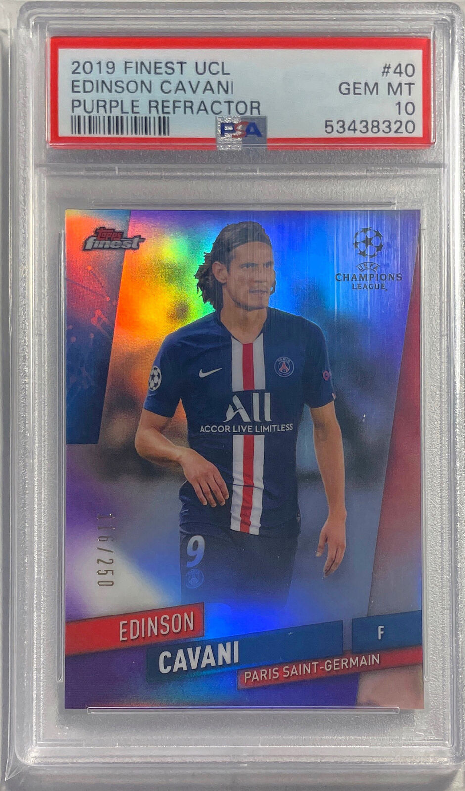 EDINSON CAVANI 2019 FINEST UCL PURPLE REFRACTOR #D 16/250 PSA 10 GEM MT POP 1/1