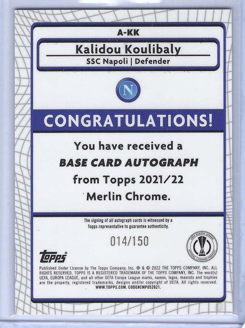 KALIDOU KOULIBALY 2021-22 TOPPS MERLIN CHROME SPECKLE REFRACTOR AUTO #D 014/150