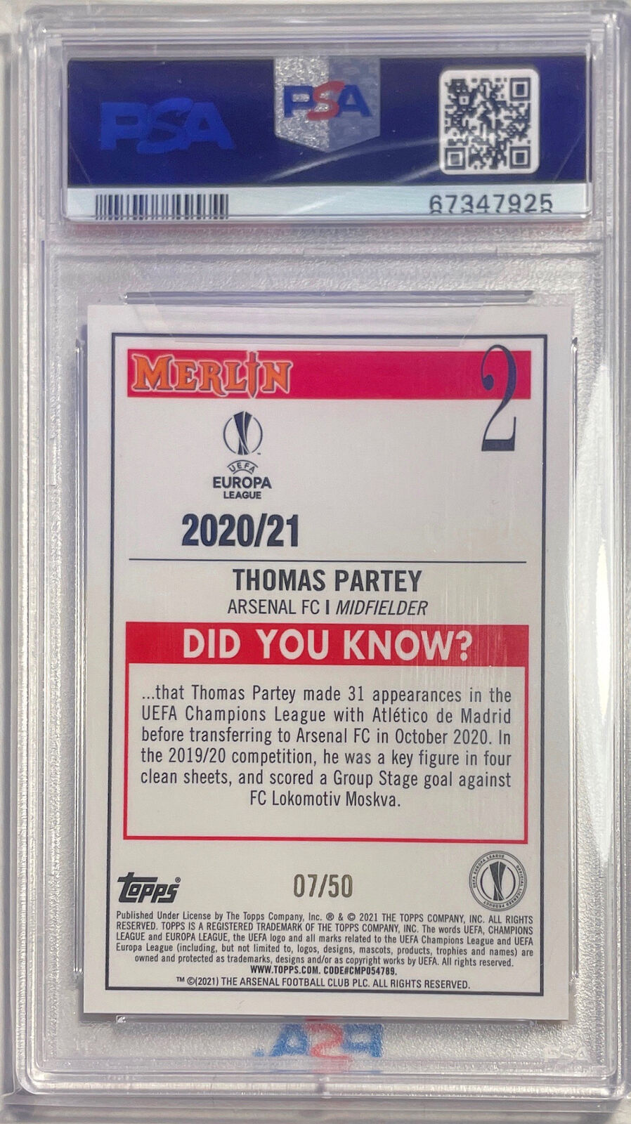 THOMAS PARTEY 2020-21 TOPPS MERLIN CHROME GOLD REFRACTOR #D 07/50 PSA 10 POP 1/1
