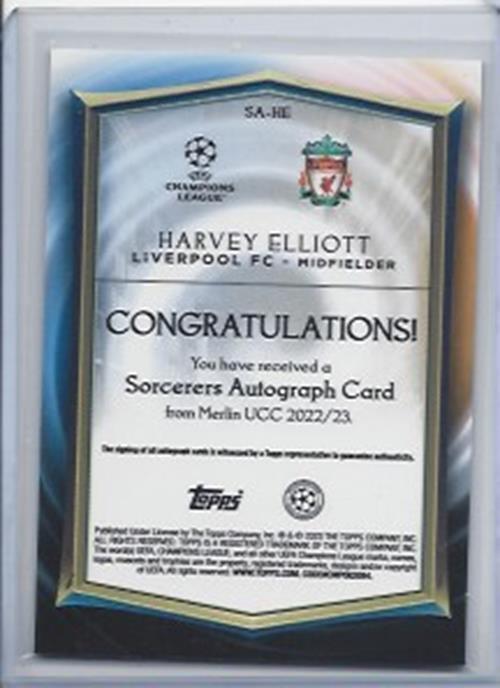 HARVEY ELLIOTT 2022-23 TOPPS MERLIN CHROME SORCERERS SSP AUTO REFRACTOR