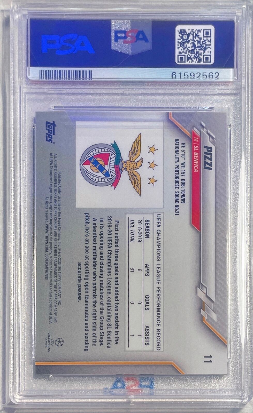 PIZZI 2019-20 TOPPS CHROME UCL PURPLE CARBON FIBER REFRACTOR #11 PSA 10 POP 2