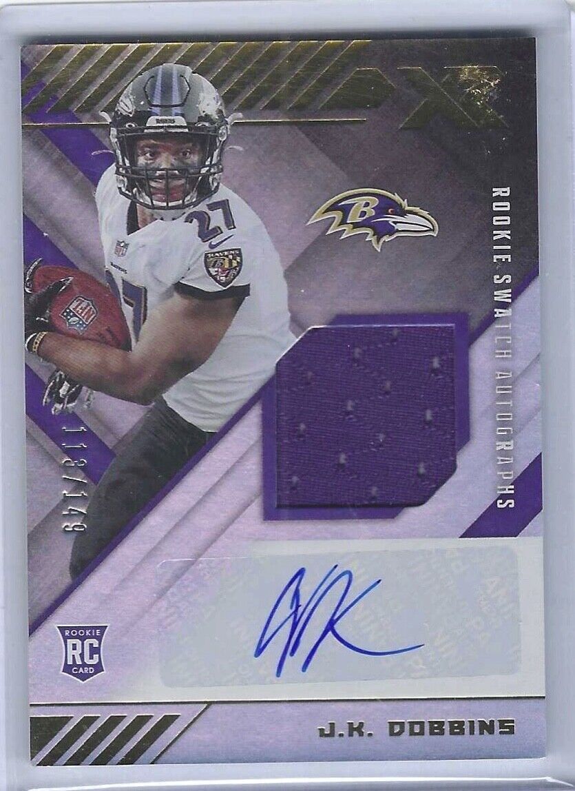 JK DOBBINS 2020 PANINI XR SILVER FOIL ROOKIE PATCH AUTO RC #D 113/149