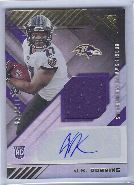 JK DOBBINS 2020 PANINI XR SILVER FOIL ROOKIE PATCH AUTO RC #D 113/149