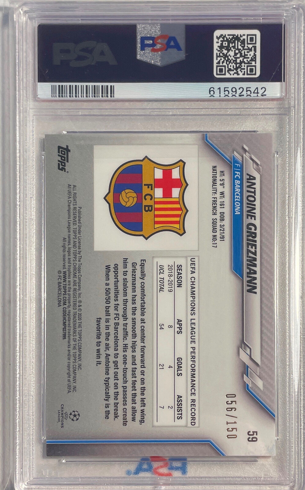 ANTOINE GRIEZMANN 2019-20 TOPPS CHROME UCL BLUE REFRACTOR /150 PSA 10 GEM POP 2