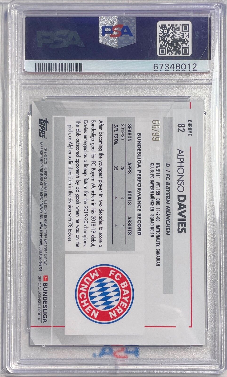 ALPHONSO DAVIES 2021-22 TOPPS CHROME GREEN WAVE REFRACTOR #D 66/99 PSA 10 POP 2