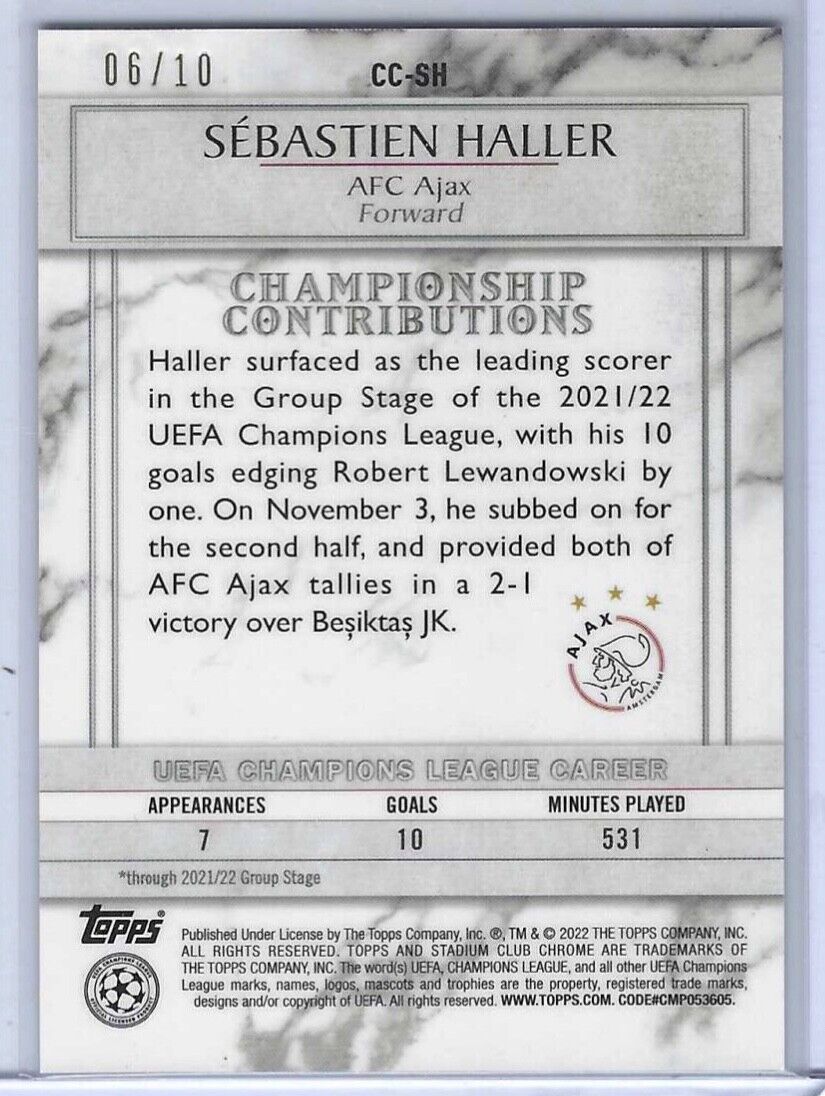 SEBASTIEN HALLER 2021 STADIUM CLUB CHAMPIONSHIP CONTRIBUTION BLACK REFRACTOR /10