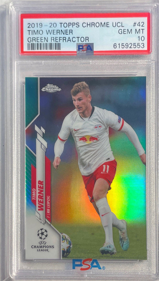 TIMO WERNER 2019-20 TOPPS CHROME UCL GREEN REFRACTOR #D 43/99 PSA 10 GEM POP 1/1