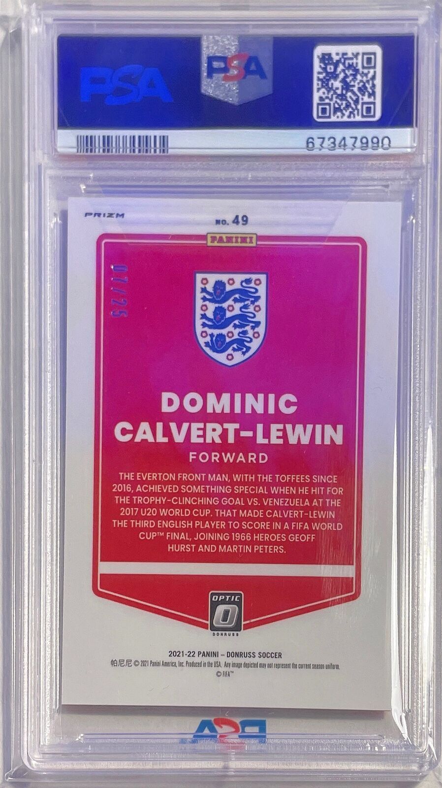 DOMINIC CALVERT-LEWIN 2021-22 DONRUSS OPTIC PINK VELOCITY #D 7/25 PSA 10 POP 1/1