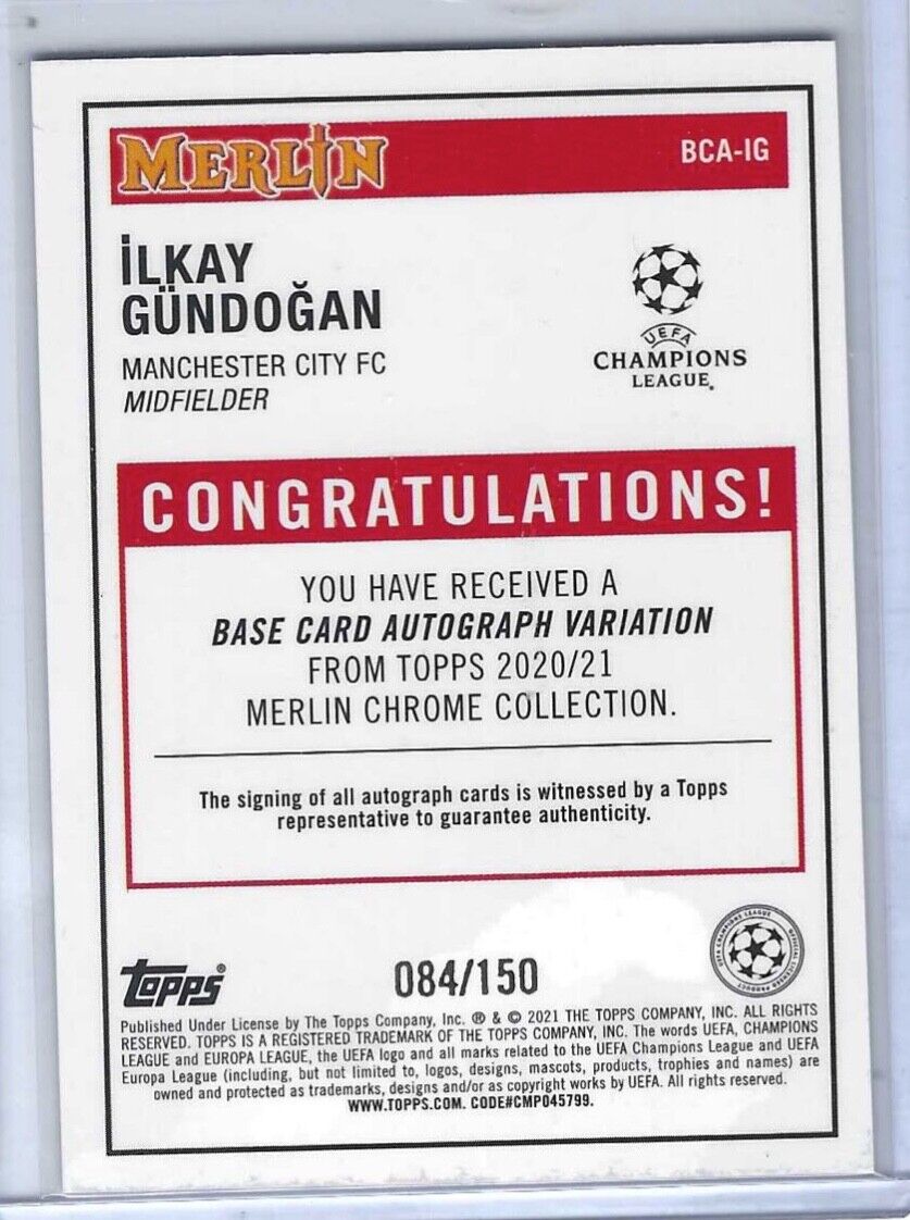 ILKAY GUNDOGAN 2020-21 TOPPS MERLIN CHROME SPECKLE REFRACTOR AUTO #D 084/150