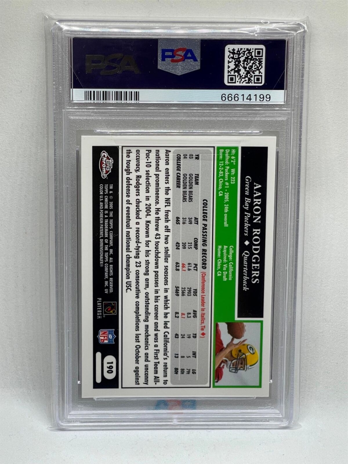 AARON RODGERS 2005 TOPPS CHROME ROOKIE RC #190 PSA 9 MINT
