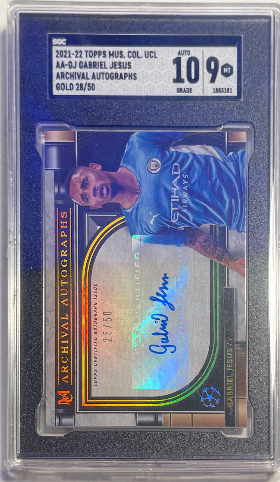 GABRIEL JESUS 2021-22 TOPPS MUSEUM GOLD AUTO #D 28/50 SGC 9 MINT 10 AUTO POP 1/1