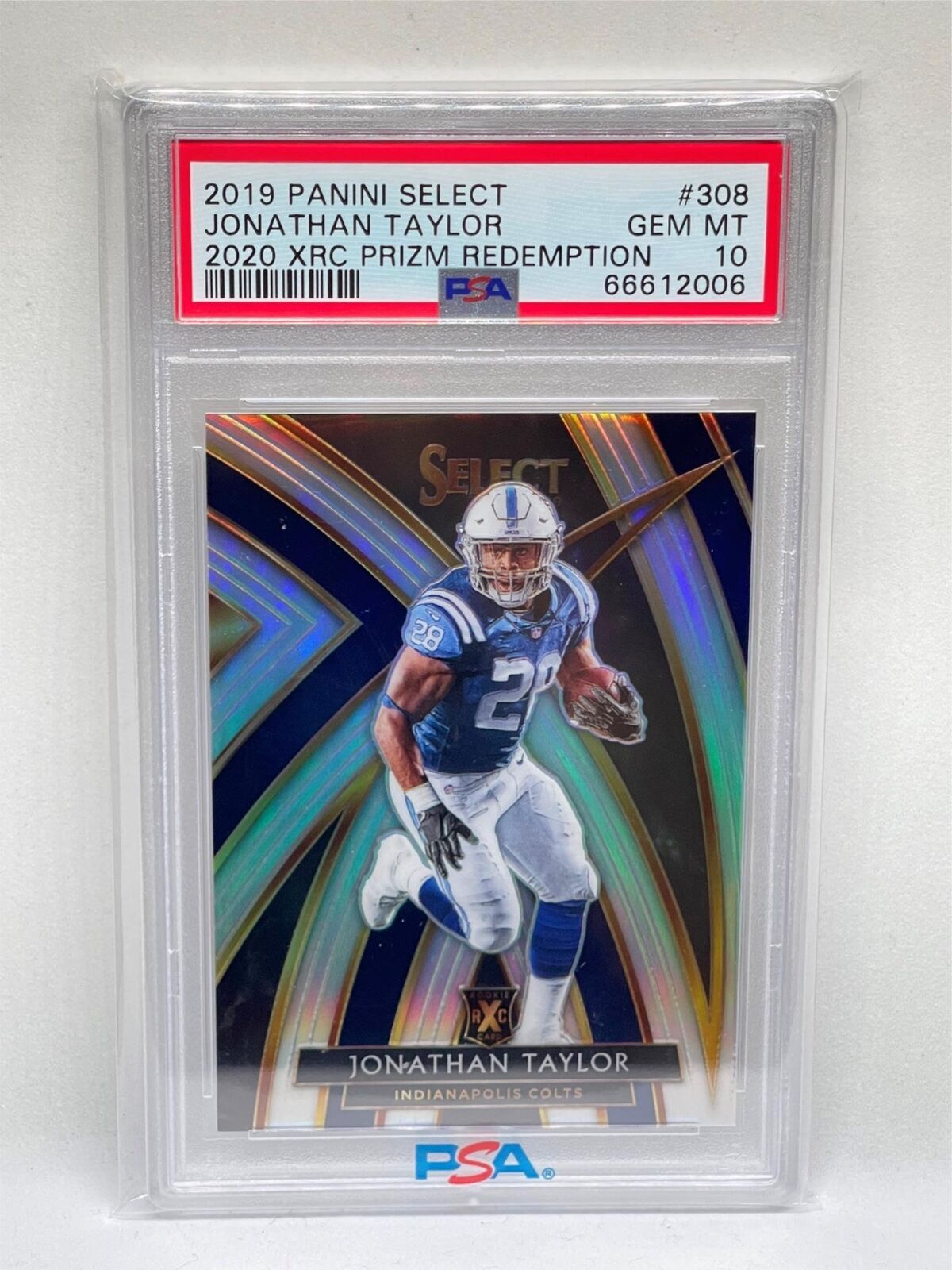 JONATHAN TAYLOR 2019 PANINI SELECT 2020 XRC PRIZM REDEMPTION ROOKIE #308 PSA 10