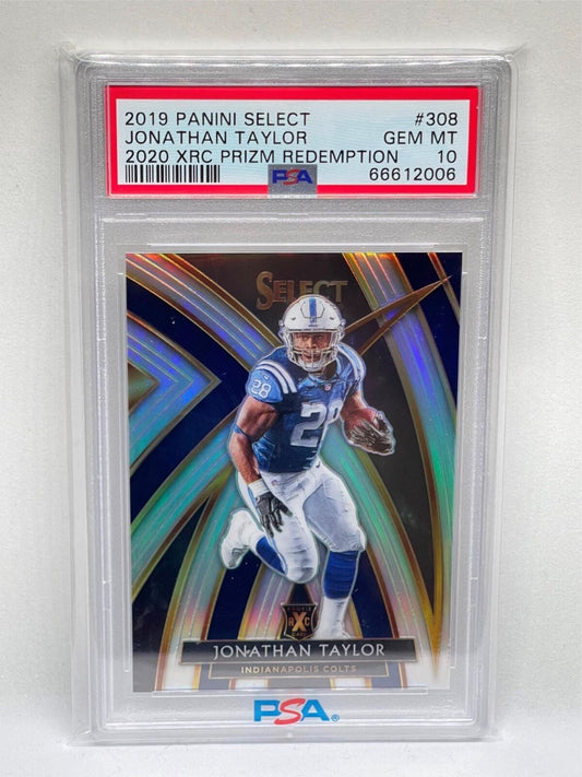 JONATHAN TAYLOR 2019 PANINI SELECT 2020 XRC PRIZM REDEMPTION ROOKIE #308 PSA 10