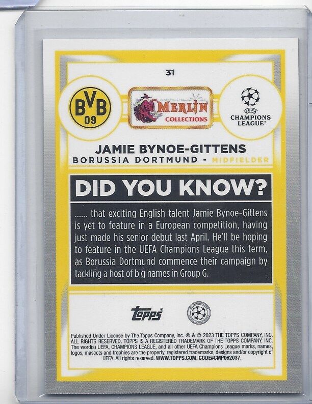 JAMIE BYNOE-GITTENS 2022-23 TOPPS MERLIN CHROME SPECKLE REFRACTOR RC #D 108/150