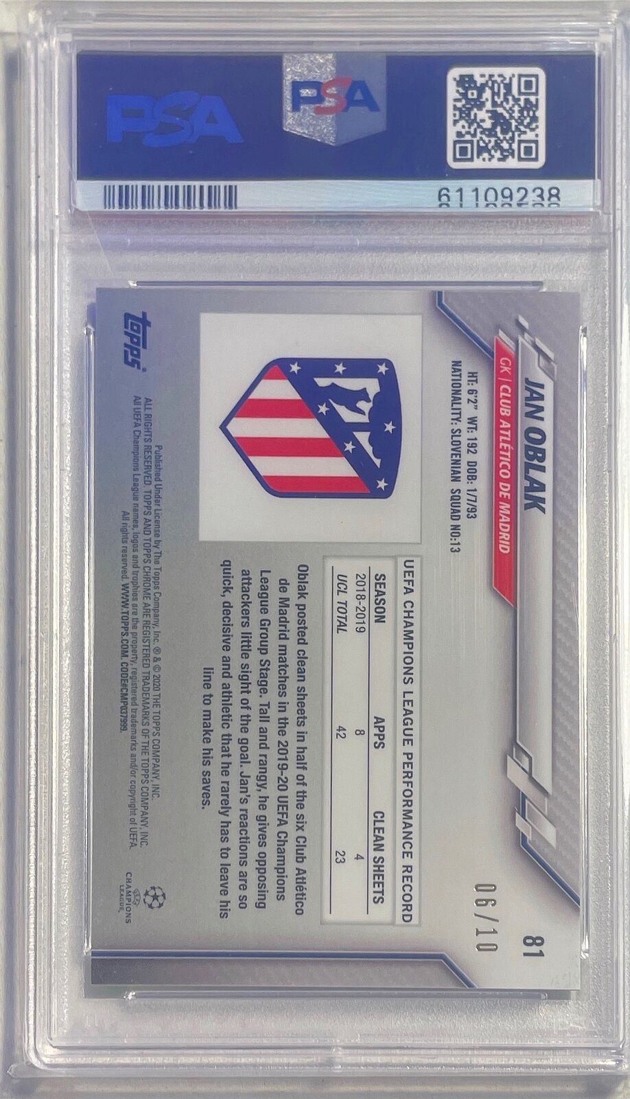 JAN OBLAK 2019-20 TOPPS CHROME RED WAVE REFRACTOR #D 06/10 PSA 10 GEM POP 1/1