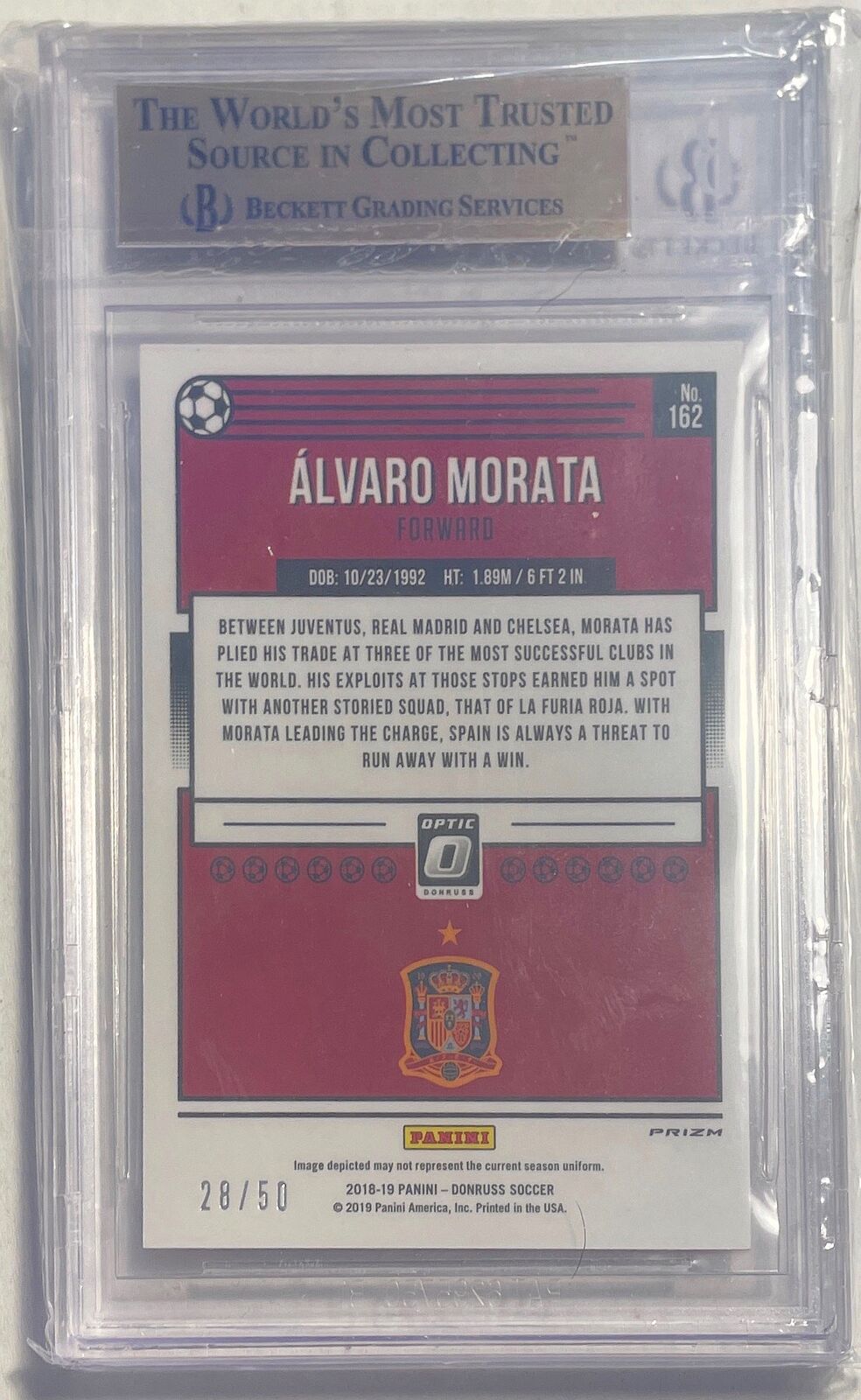 ALVARO MORATA 2019-20 DONRUSS OPTIC RED VELOCITY HOLO #D 28/50 BGS 9.5 POP 1/1