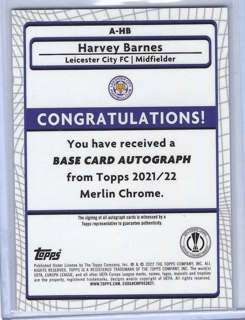 HARVEY BARNES 2021-22 TOPPS MERLIN CHROME SILVER REFRACTOR AUTO #A-HB