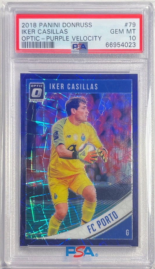 IKER CASILLAS 2018-19 DONRUSS OPTIC PURPLE VELOCITY HOLO /125 PSA 10 GEM POP 1/1