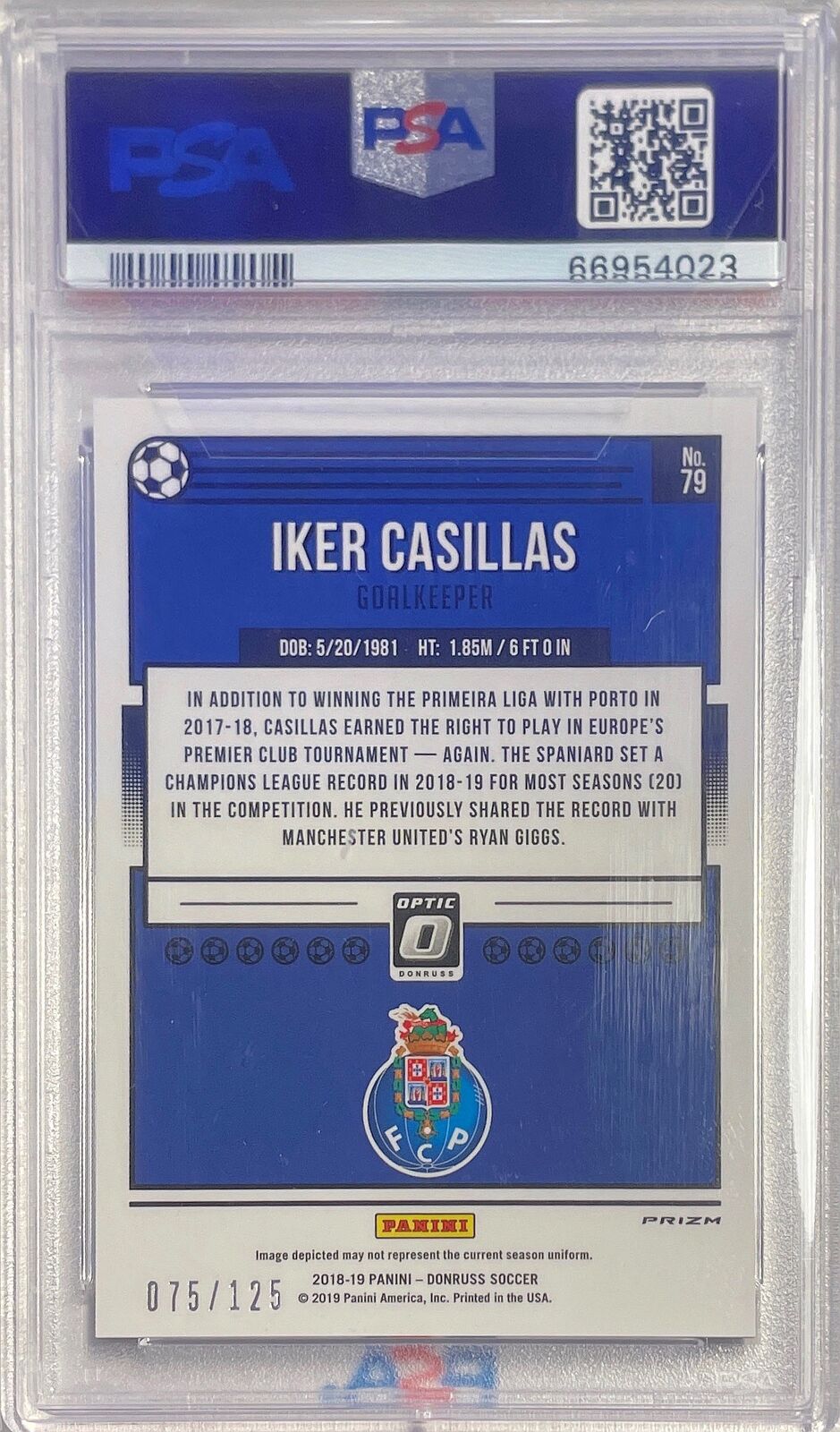 IKER CASILLAS 2018-19 DONRUSS OPTIC PURPLE VELOCITY HOLO /125 PSA 10 GEM POP 1/1
