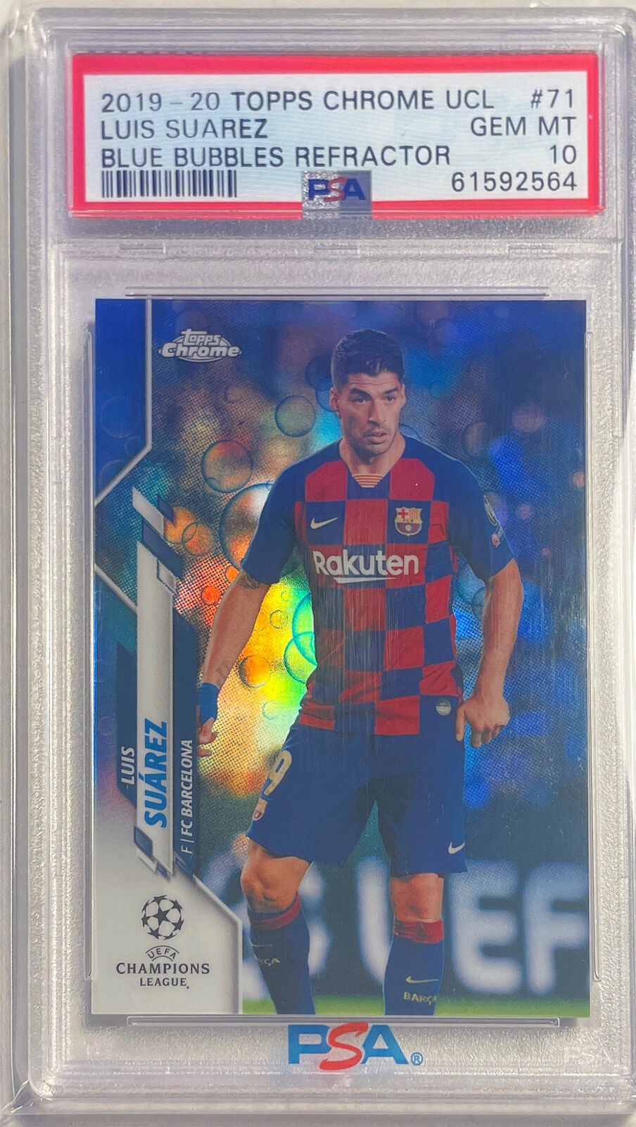 LUIS SUAREZ 2019-20 TOPPS CHROME UCL BLUE BUBBLES REFRACTOR #71 PSA 10 GEM POP 2