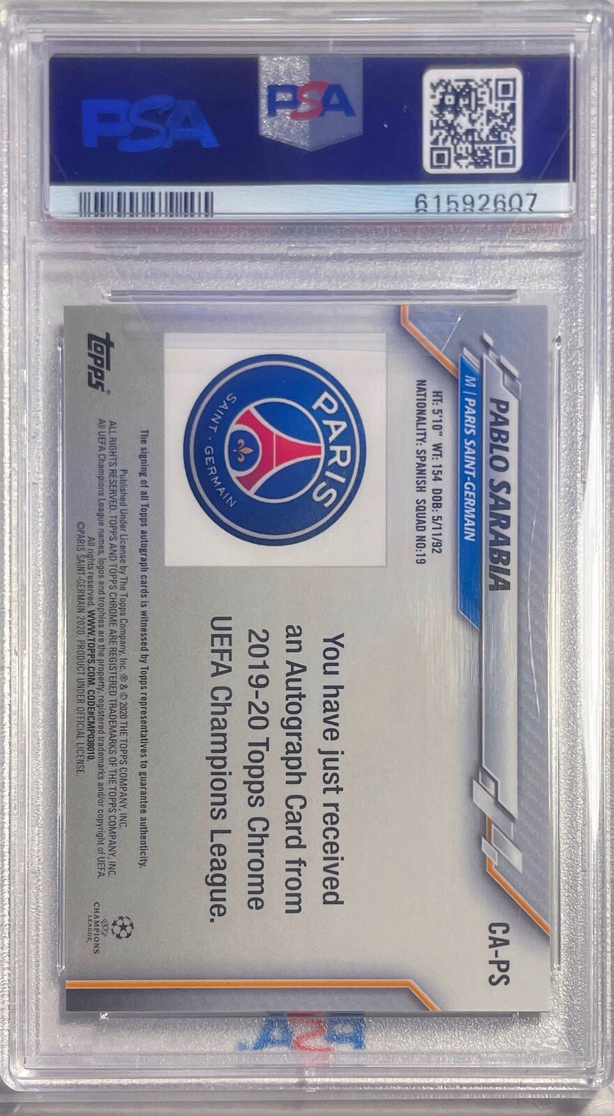 PABLO SARABIA 2019-20 TOPPS CHROME UCL AUTO REFRACTOR PSA 9 MINT POP 1/1