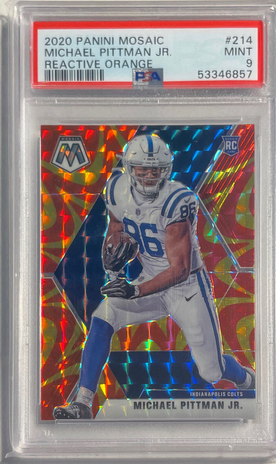 MICHAEL PITTMAN JR. 2020 PANINI MOSAIC REACTIVE ORANGE PRIZM RC #214 PSA 9 MINT