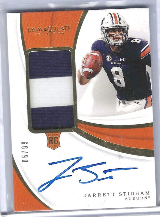 JARRETT STIDHAM 2019 PANINI IMMACULATE COLLEGIATE ROOKIE PATCH AUTO RC #D 06/99