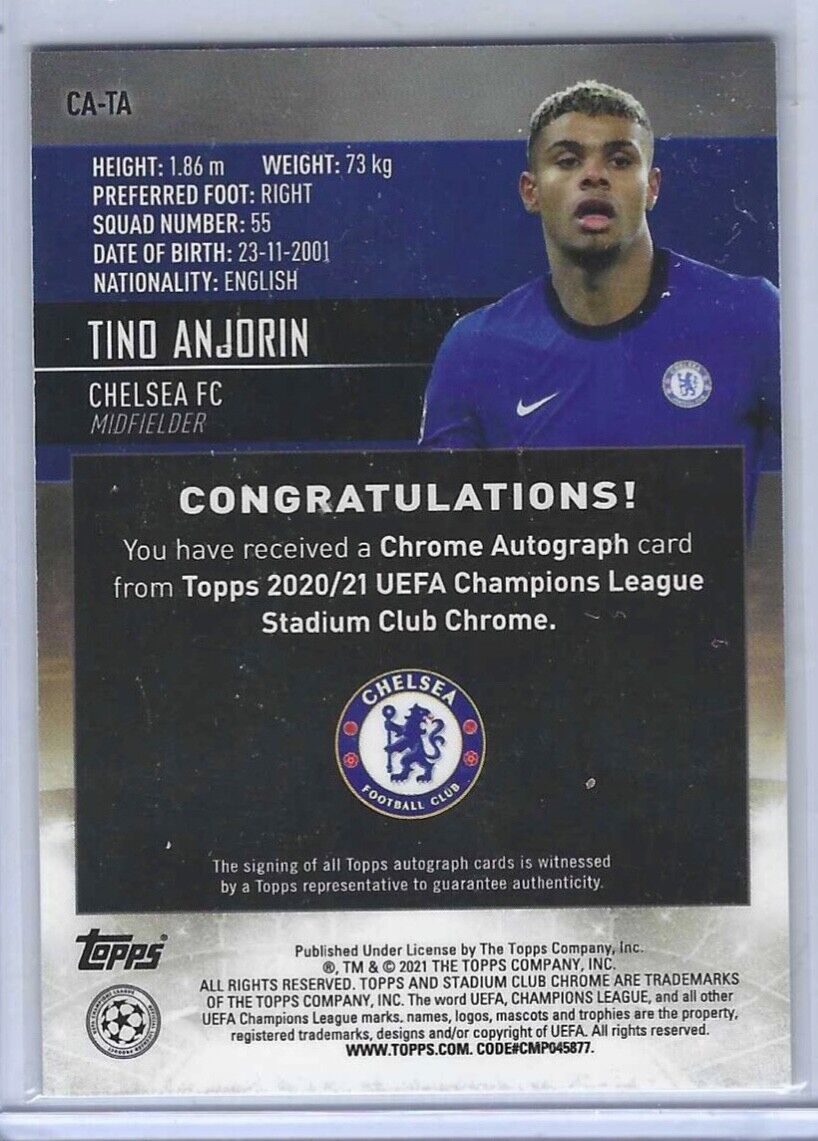 TINO ANJORIN 2020-21 TOPPS STADIUM CLUB CHROME SILVER REFRACTOR AUTO RC #CA-TA