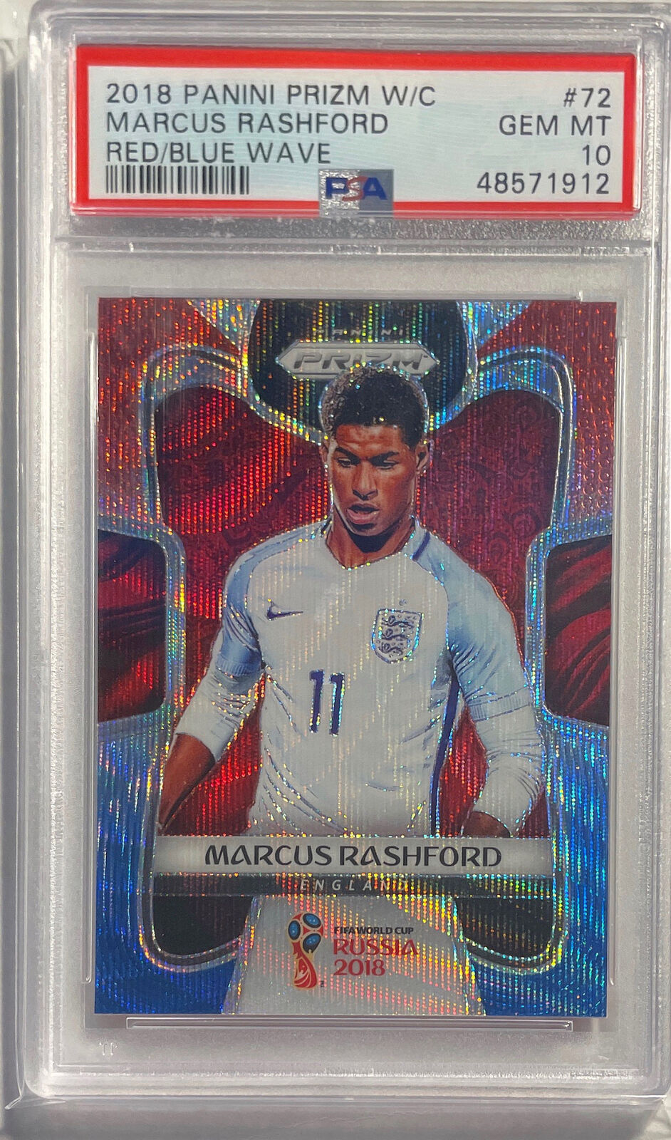MARCUS RASHFORD 2018 PRIZM WORLD CUP RED BLUE WAVE PRIZM RC #72 PSA 10 GEM MINT