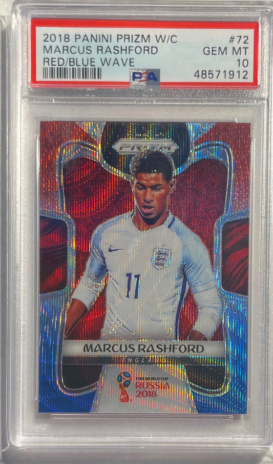 MARCUS RASHFORD 2018 PRIZM WORLD CUP RED BLUE WAVE PRIZM RC #72 PSA 10 GEM MINT