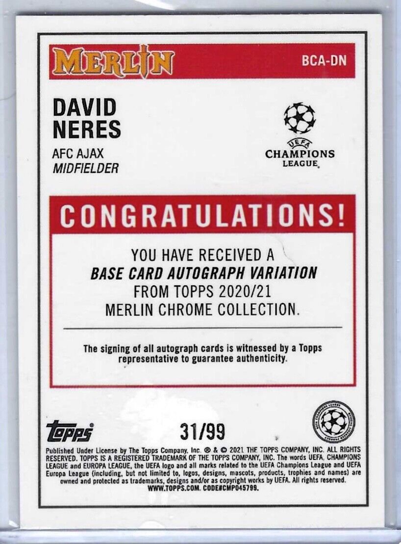 DAVID NERES 2020-21 TOPPS MERLIN CHROME SILVER MOJO REFRACTOR AUTO #D 31/99
