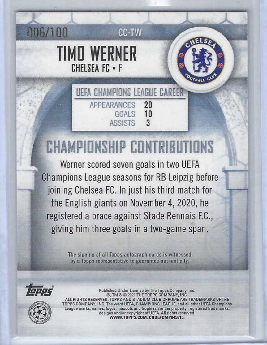 TIMO WERNER 2020-21 STADIUM CLUB CHROME CHAMPIONSHIP CONTRIBUTIONS AUTO #D 6/100