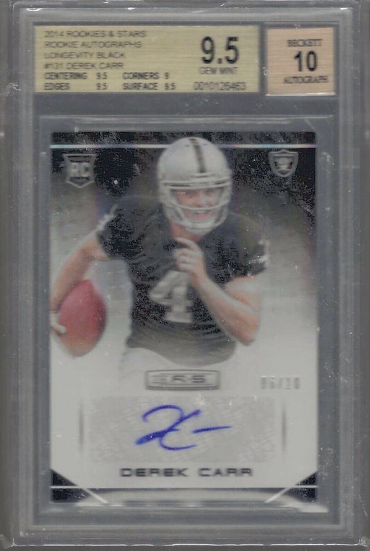DEREK CARR 2014 ROOKIES AND STARS LONGEVITY AUTO RC /10 BGS 9.5 GEM 10 AU POP 2