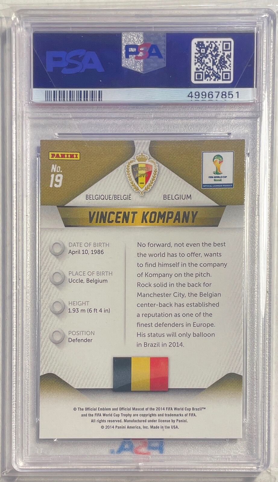 VINCENT KOMPANY 2014-15 PANINI PRIZM WORLD CUP #19 PSA 10 GEM MINT POP 40