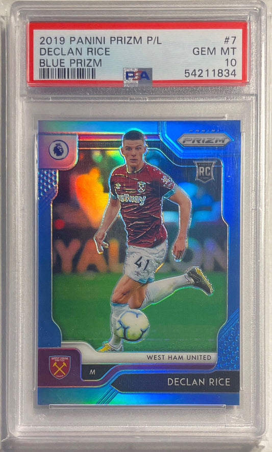 DECLAN RICE 2019 PANINI PRIZM P/L BLUE PRIZM RC #D 64/199 PSA 10 GEM MINT POP 16