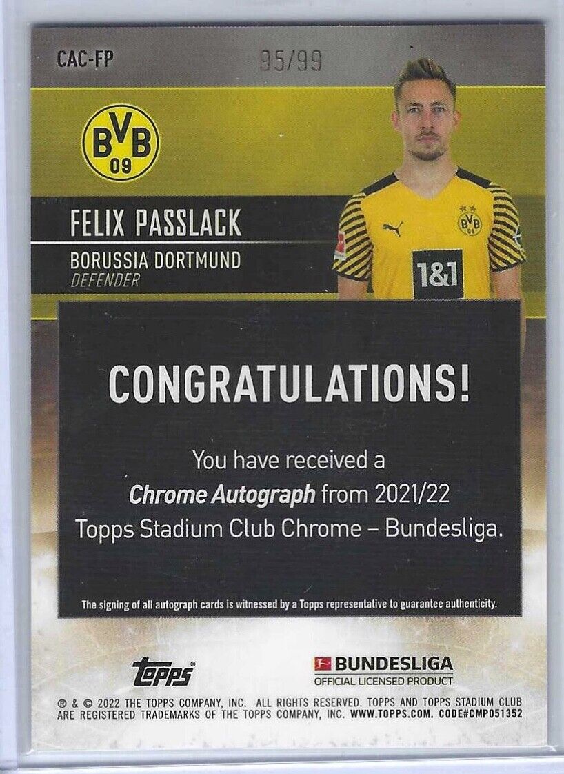 FELIX PASSLACK 2021-22 STADIUM CLUB CHROME BNDSLGA GREEN REFRACTOR AUTO #D 95/99