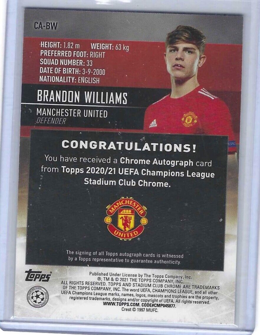 BRANDON WILLIAMS 2020-21 TOPPS STADIUM CLUB CHROME REFRACTOR AUTO RC #CA-BW