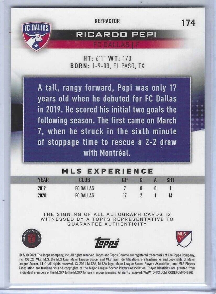 RICARDO PEPI 2020-21 TOPPS CHROME MLS ROOKIE REFRACTOR AUTO RC #174