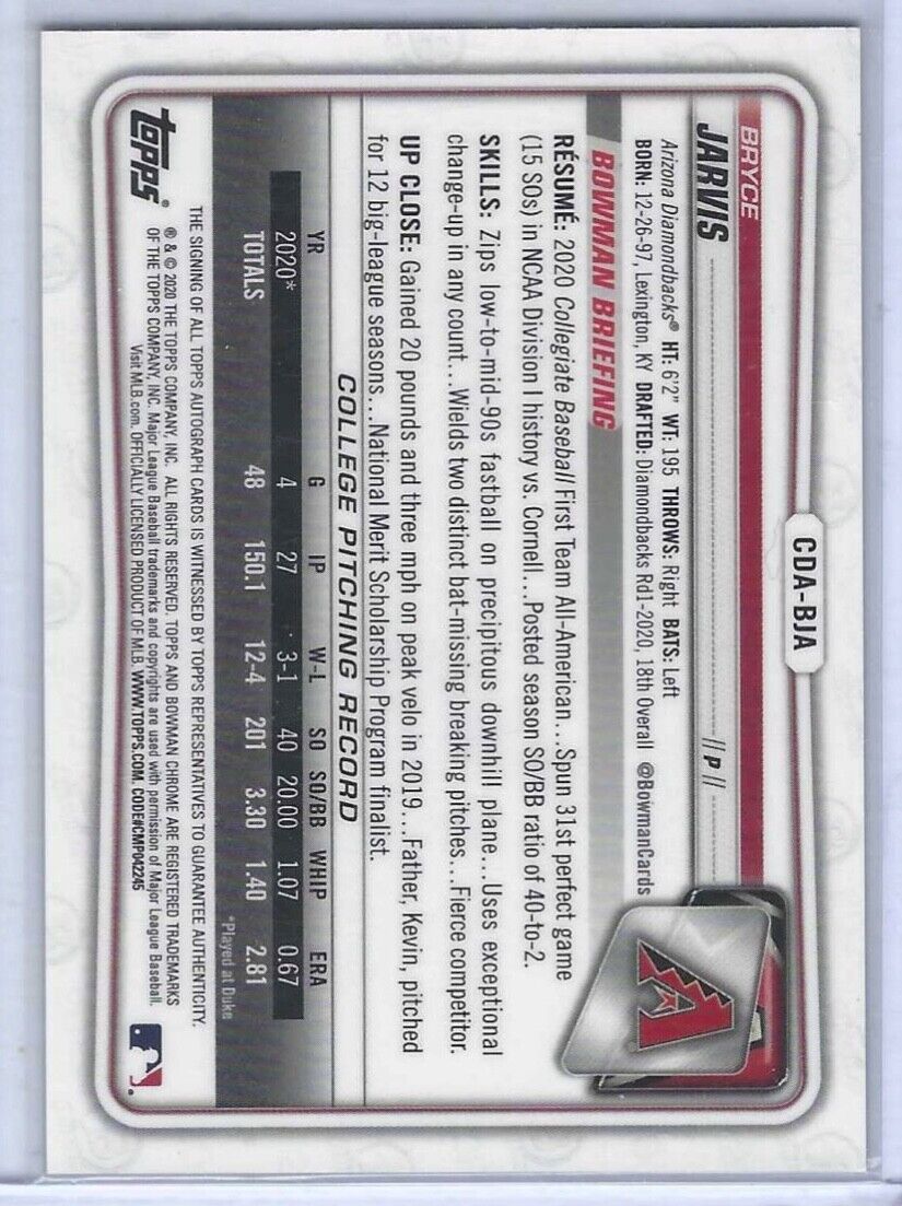 BRYCE JARVIS 2020 BOWMAN CHROME GOLD WAVE REFRACTOR 1ST PROSPECT AUTO #D 28/50