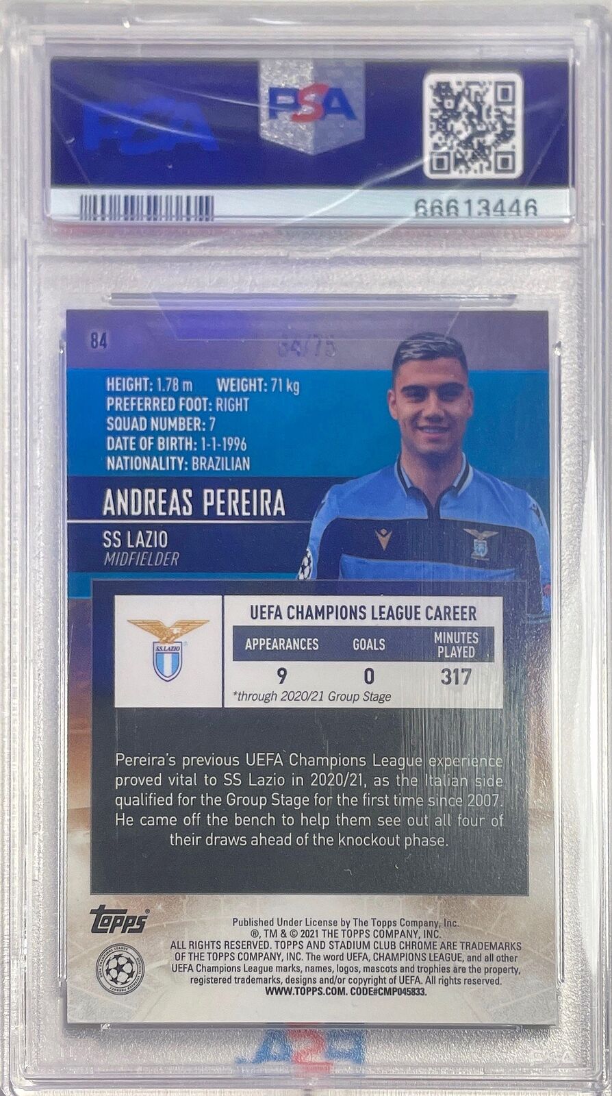 ANDREAS PEREIRA 2020 STADIUM CLUB CHROME GREEN YLLW REFRACTOR /75 PSA 10 POP 1/1