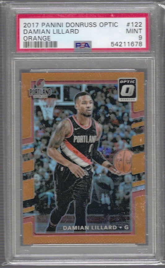 DAMIAN LILLARD 2017 PANINI DONRUSS OPTIC ORANGE HOLO /199 PSA 9 MINT