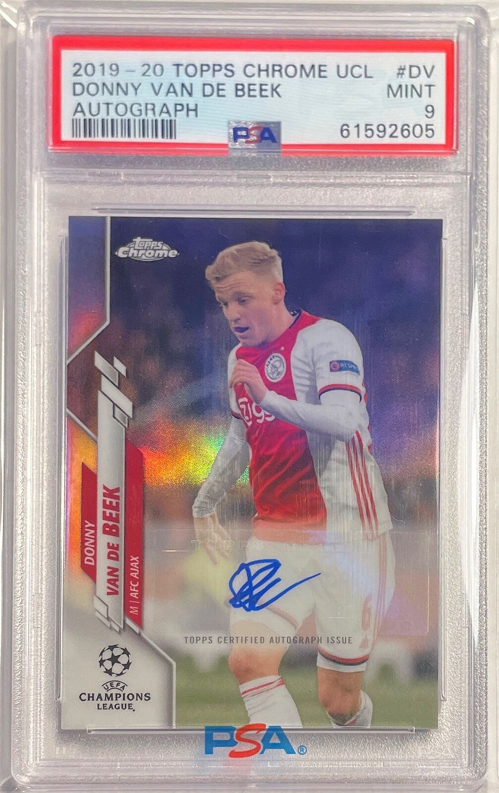 DONNY VAN DE BEEK 2019-20 TOPPS CHROME UCL AUTO REFRACTOR #DV PSA 9 MINT