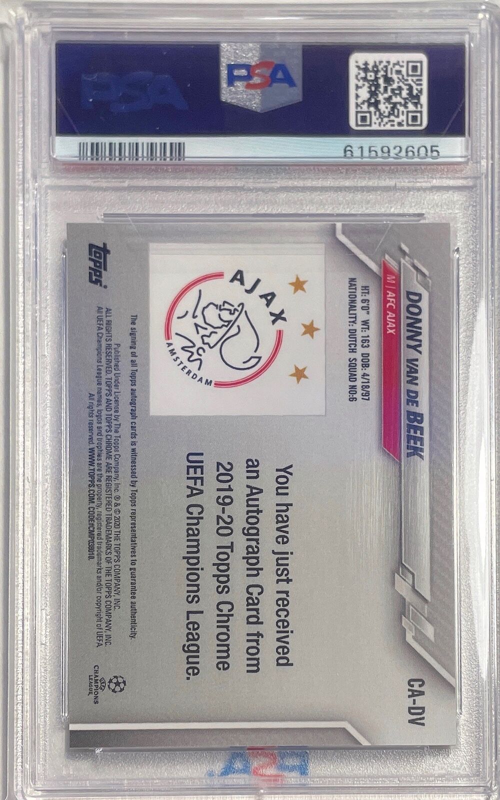 DONNY VAN DE BEEK 2019-20 TOPPS CHROME UCL AUTO REFRACTOR #DV PSA 9 MINT