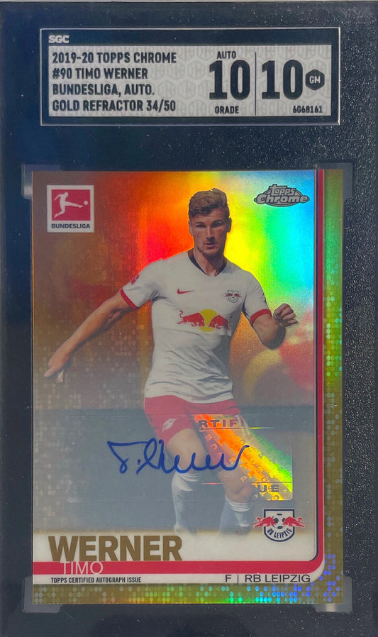 TIMO WERNER 2019 TOPPS CHROME BUNDESLIGA GOLD REFRACTOR AUTO /50 SGC 10 POP 1/1