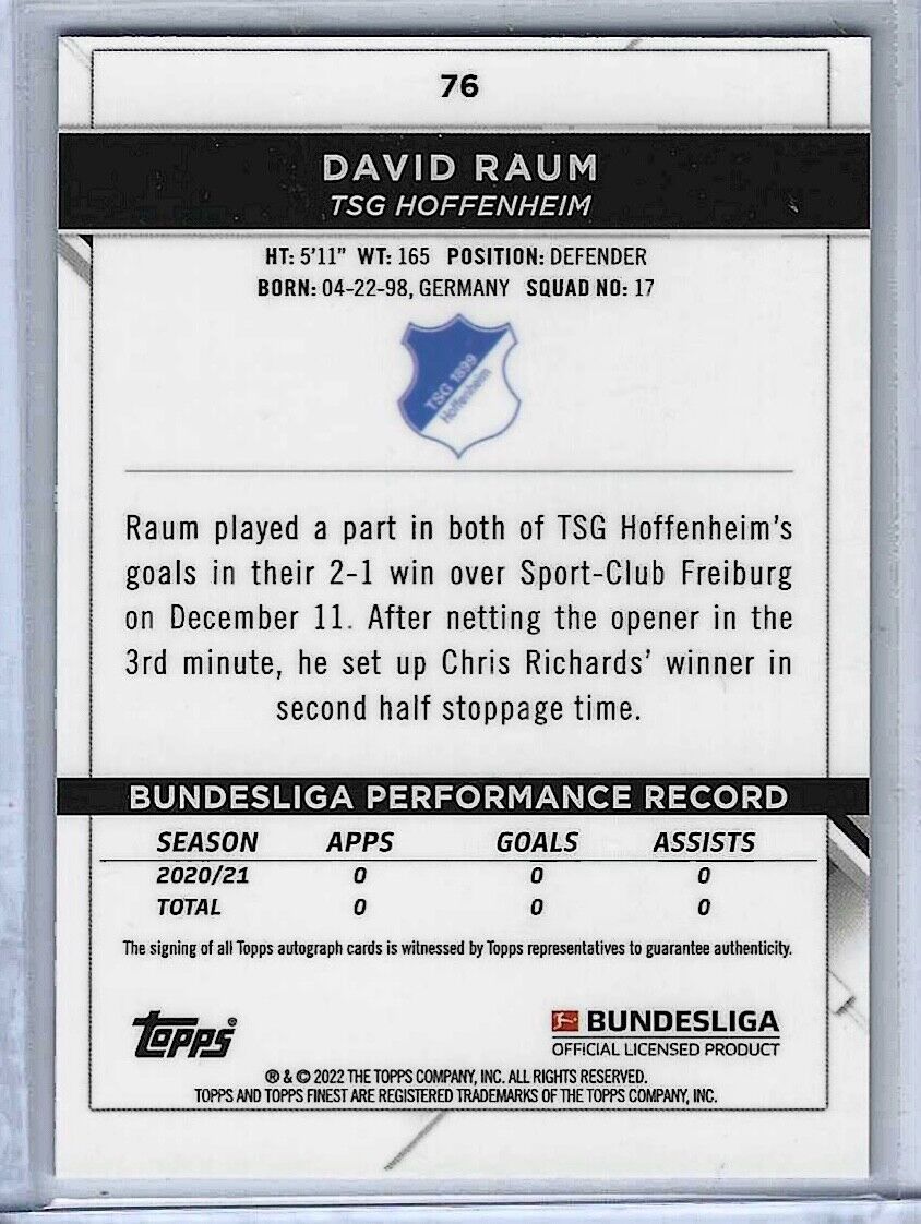 DAVID RAUM 2021-22 TOPPS FINEST BUNDESLIGA SILVER REFRACTOR ROOKIE AUTO RC #76
