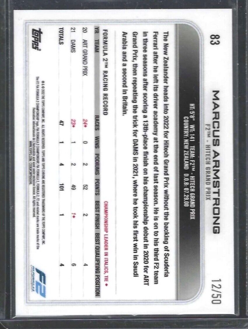 MARCUS ARMSTRONG 2022 TOPPS F1 CHROME GOLD WAVE REFRACTOR FUTURE STARS #D 12/50